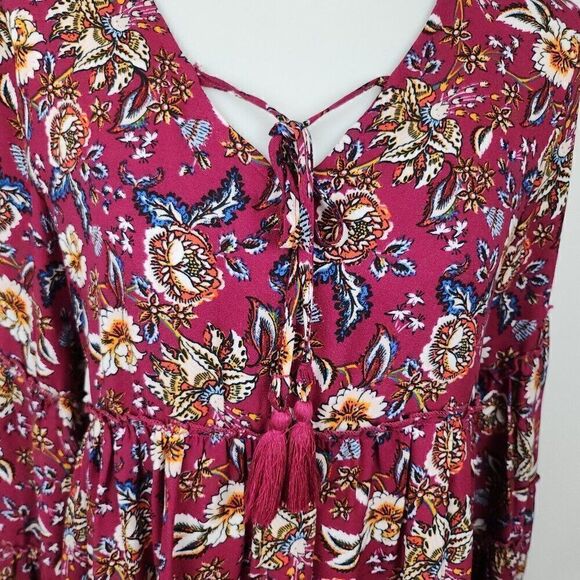 Altar'd State Magenta Floral Puff Sleeve Open Back Tie Front Peasant Dress S - Picture 2 of 7